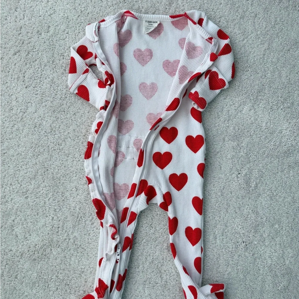 Spearmint Love Red Heart Waffle Knit Ruffled Footed One Piece - Picture 5 of 11